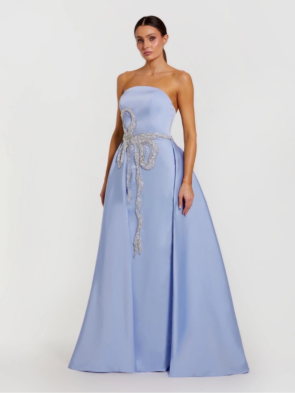Mac Duggal Strapless Powder Blue Satin Ball Gown with Crystal Bow